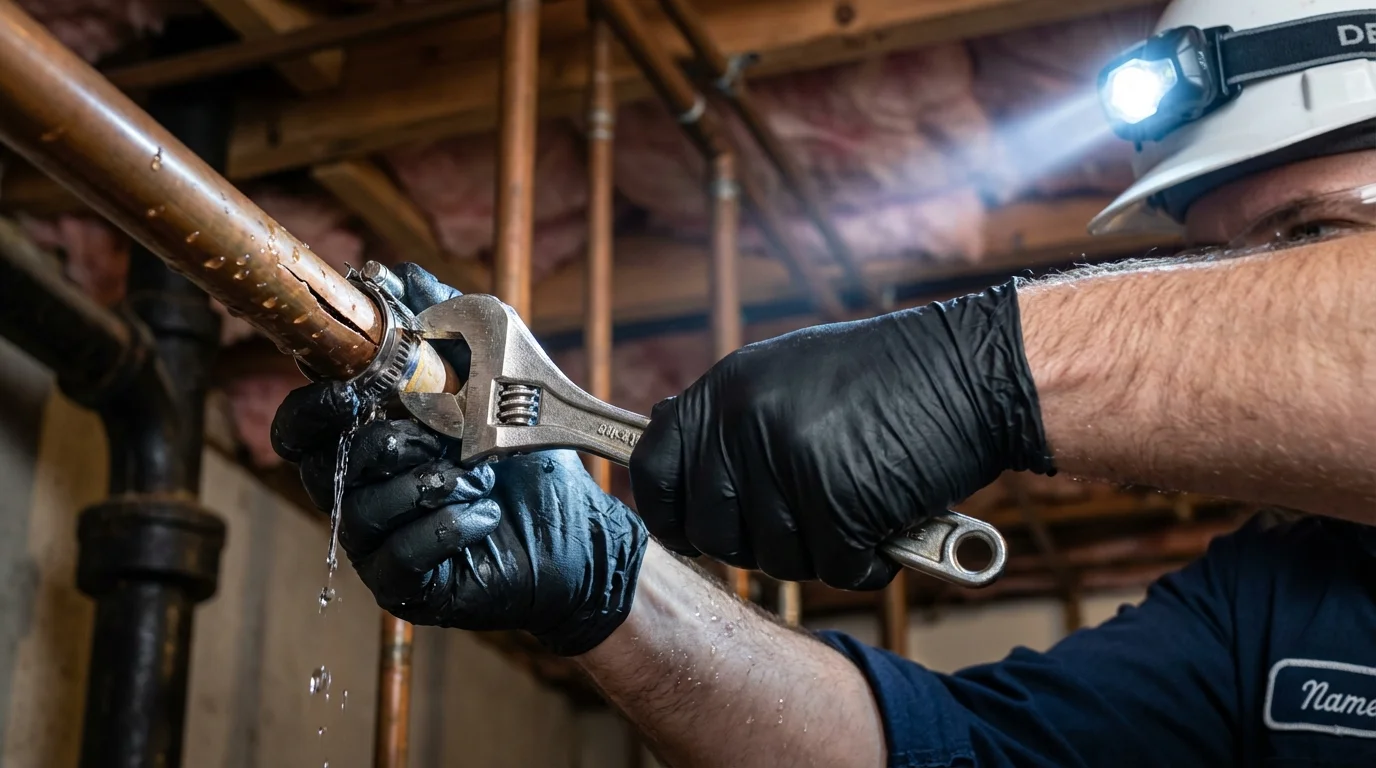 Emergency pipe clamp repair being performed by a Johns Plumbing LLC plumber in Bixby