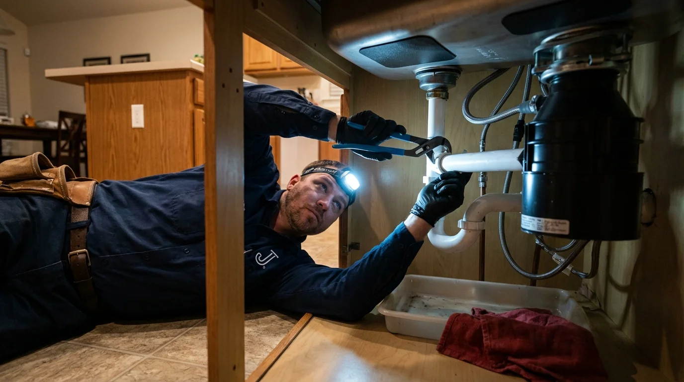 P-trap and supply line connections under a kitchen sink showing a common leak point in Bixby, OK